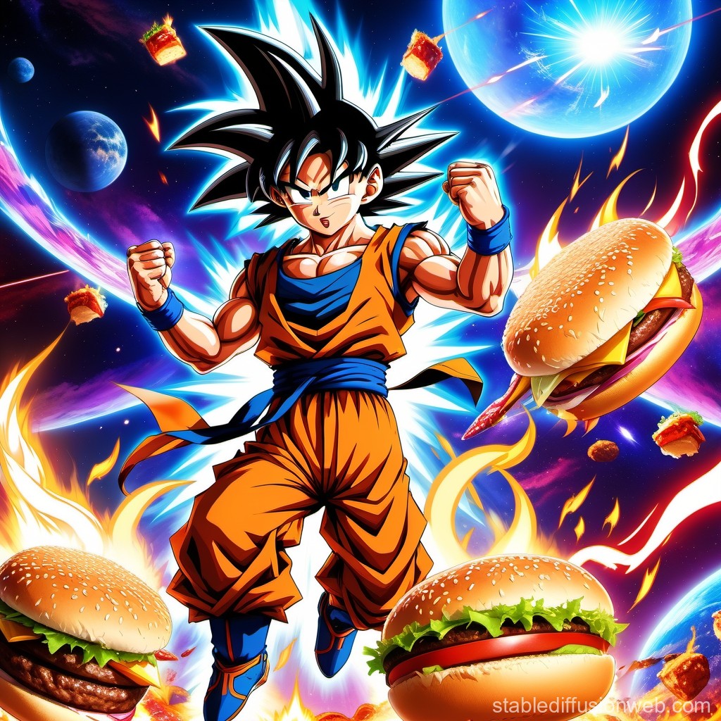 Anime Warrior Surrounded by Fiery Burgers in Space