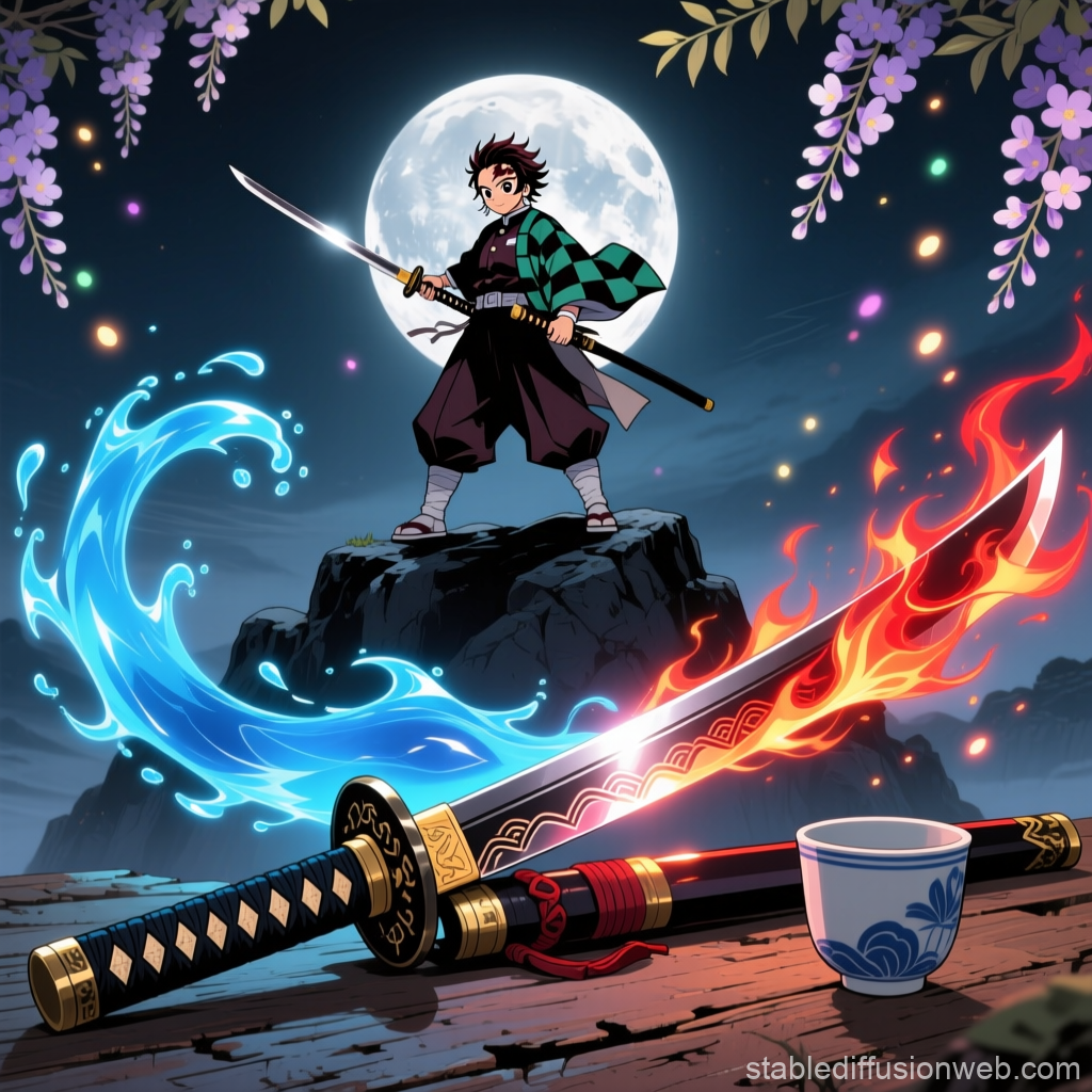 Anime Warrior with Elemental Katanas Under Full Moon