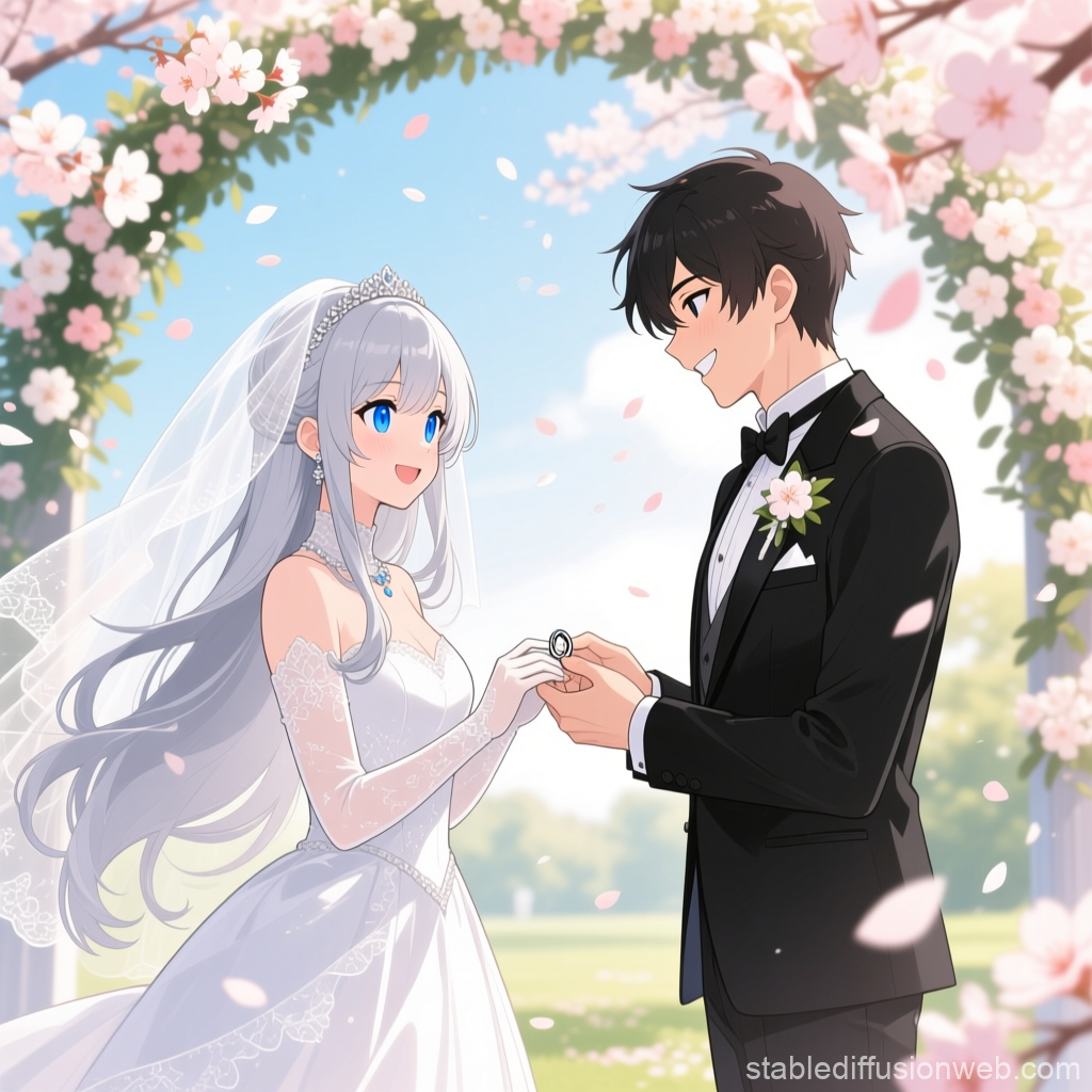 Anime Wedding Ceremony with Bride and Groom Exchanging Rings