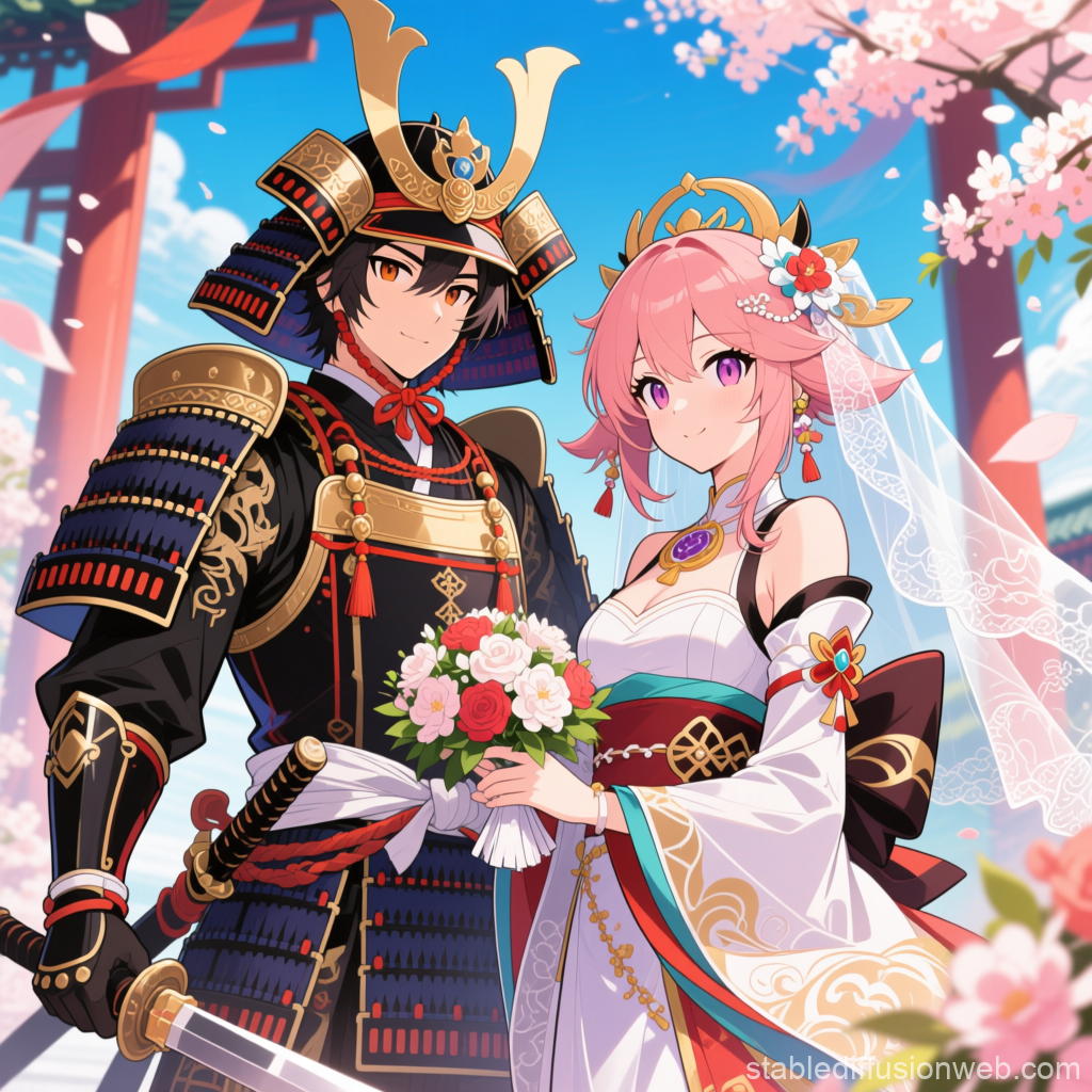 Anime Wedding Scene with Samurai and Bride in Traditional Attire