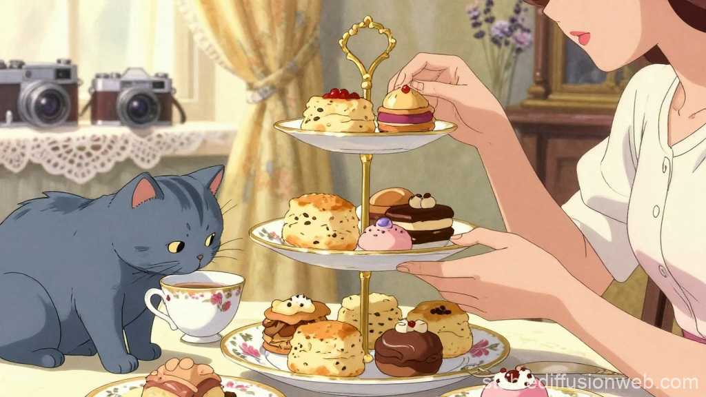 Anime Woman Arranging Pastries with Curious Cat