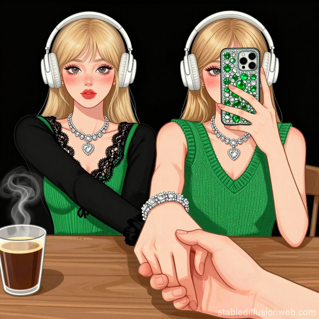 Anime Woman Holding Hand and Taking Selfie with Headphones