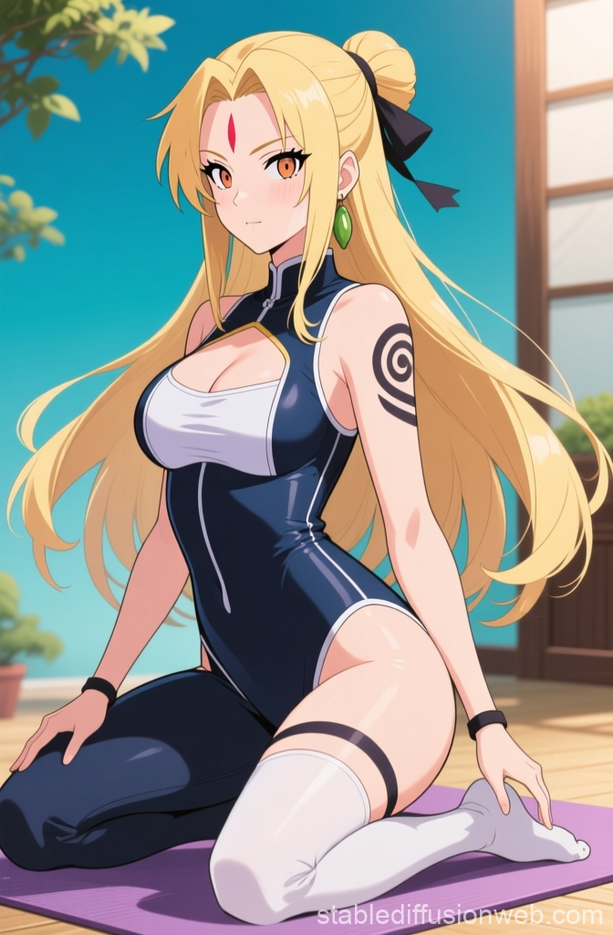 Anime Woman in Yoga Outfit Kneeling on Mat