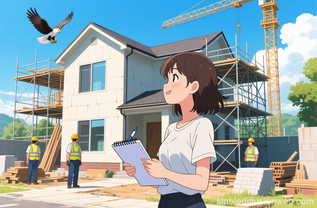 Anime Woman Observing New House Construction