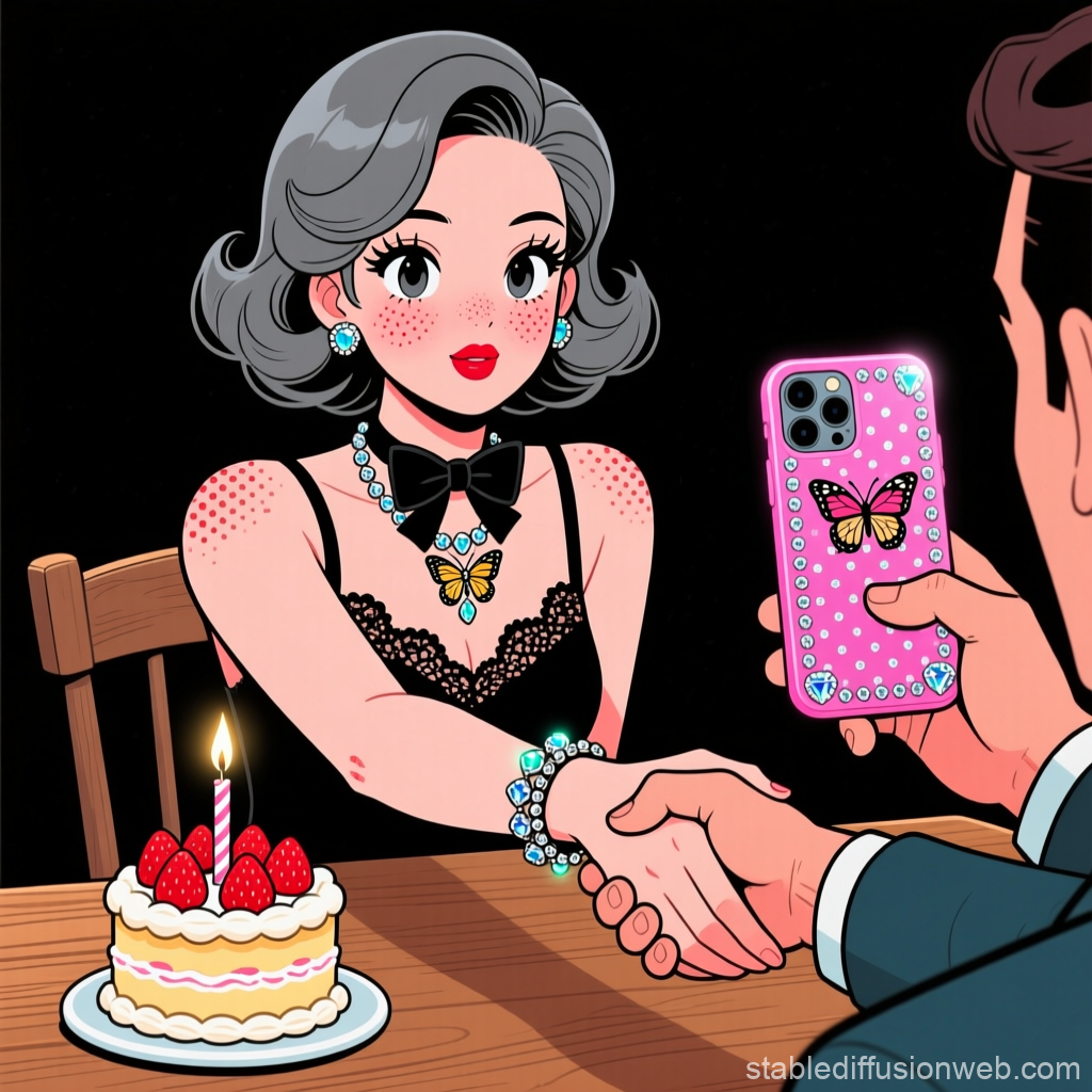 Anime Woman Shaking Hands at Birthday Celebration