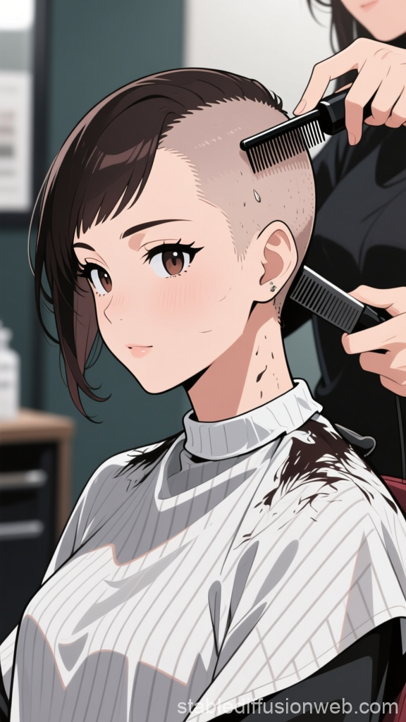 Anime Woman Shaving Head to Skinhead Style