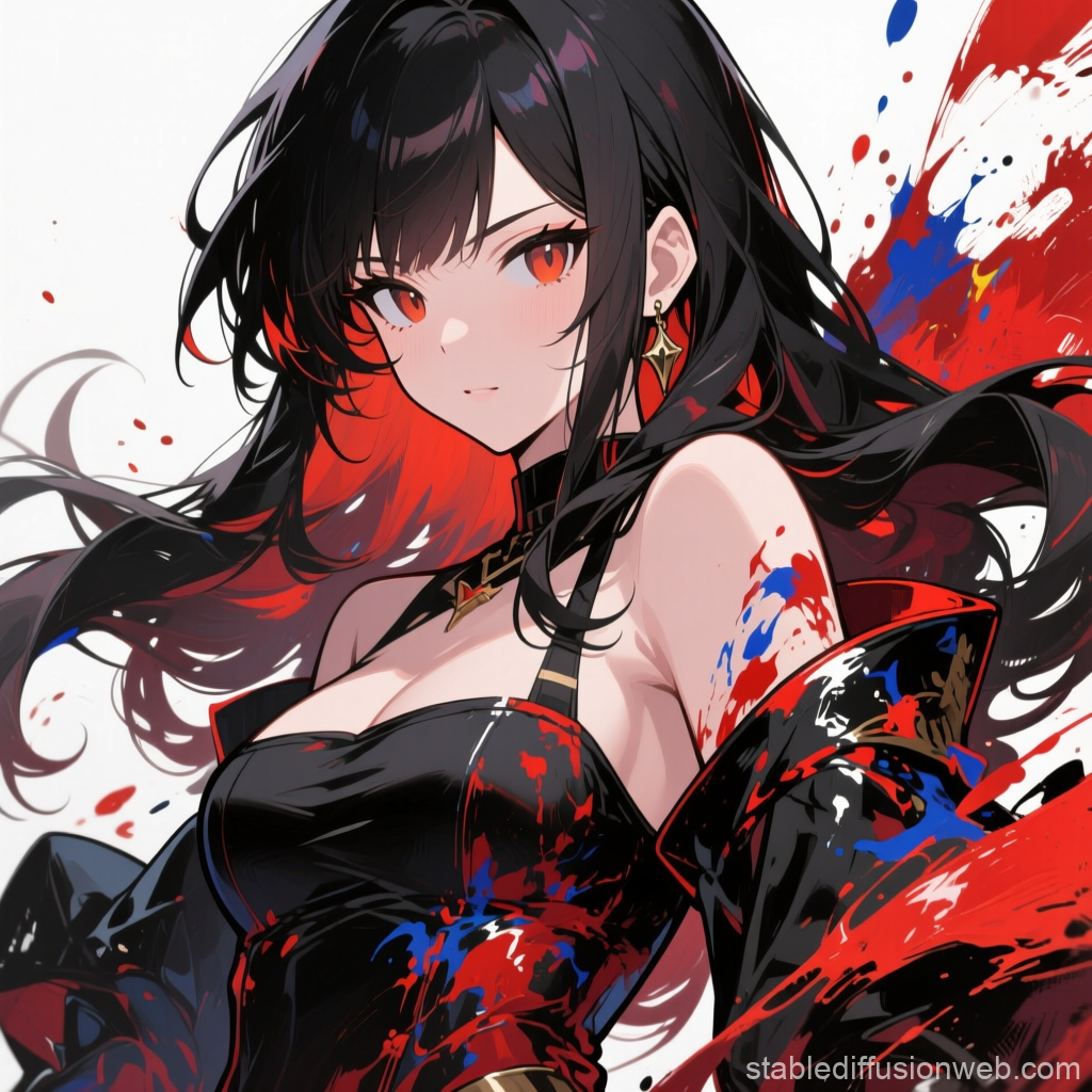 Anime Woman with Black Hair and Paint Splashes