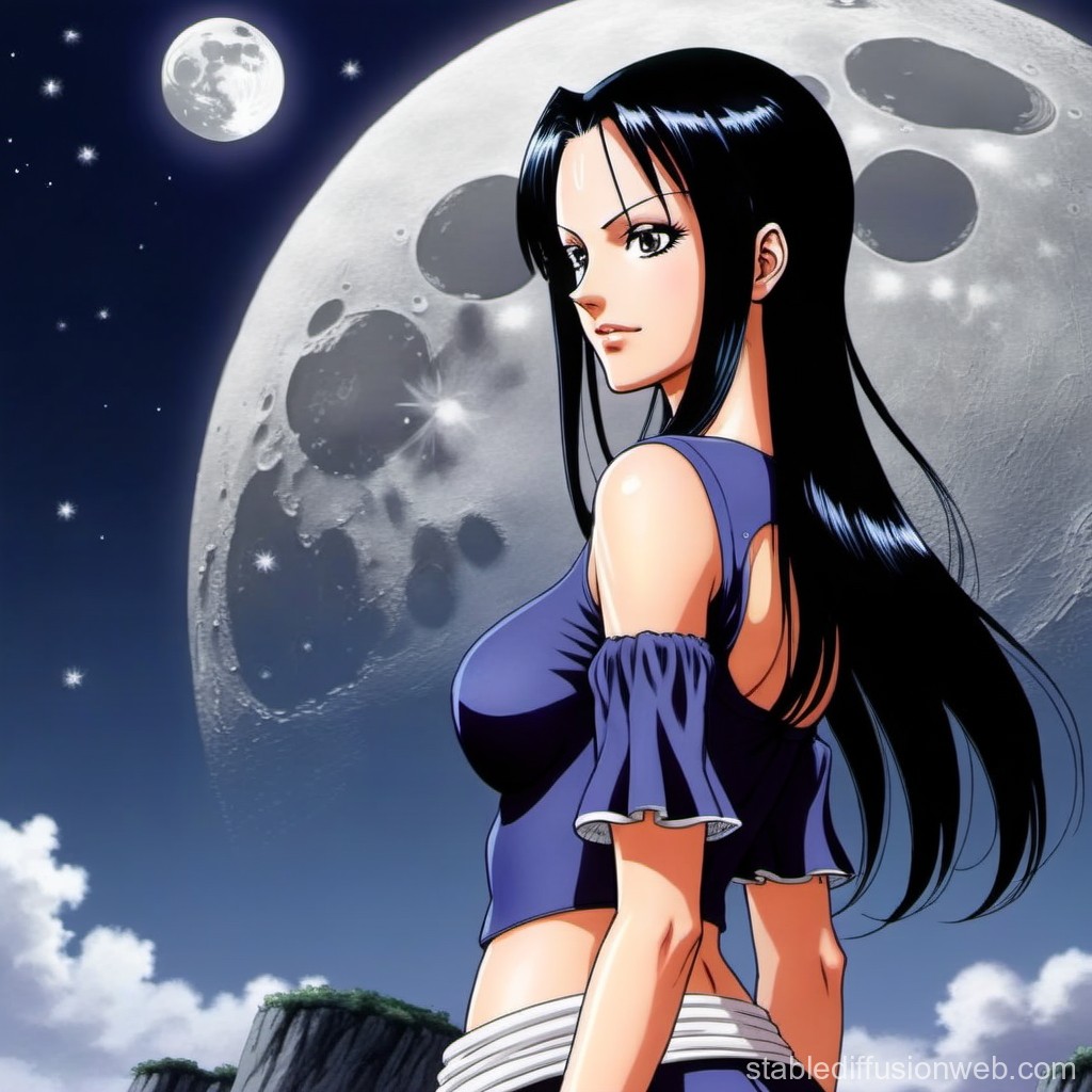 Anime Woman with Long Black Hair Under a Large Moon
