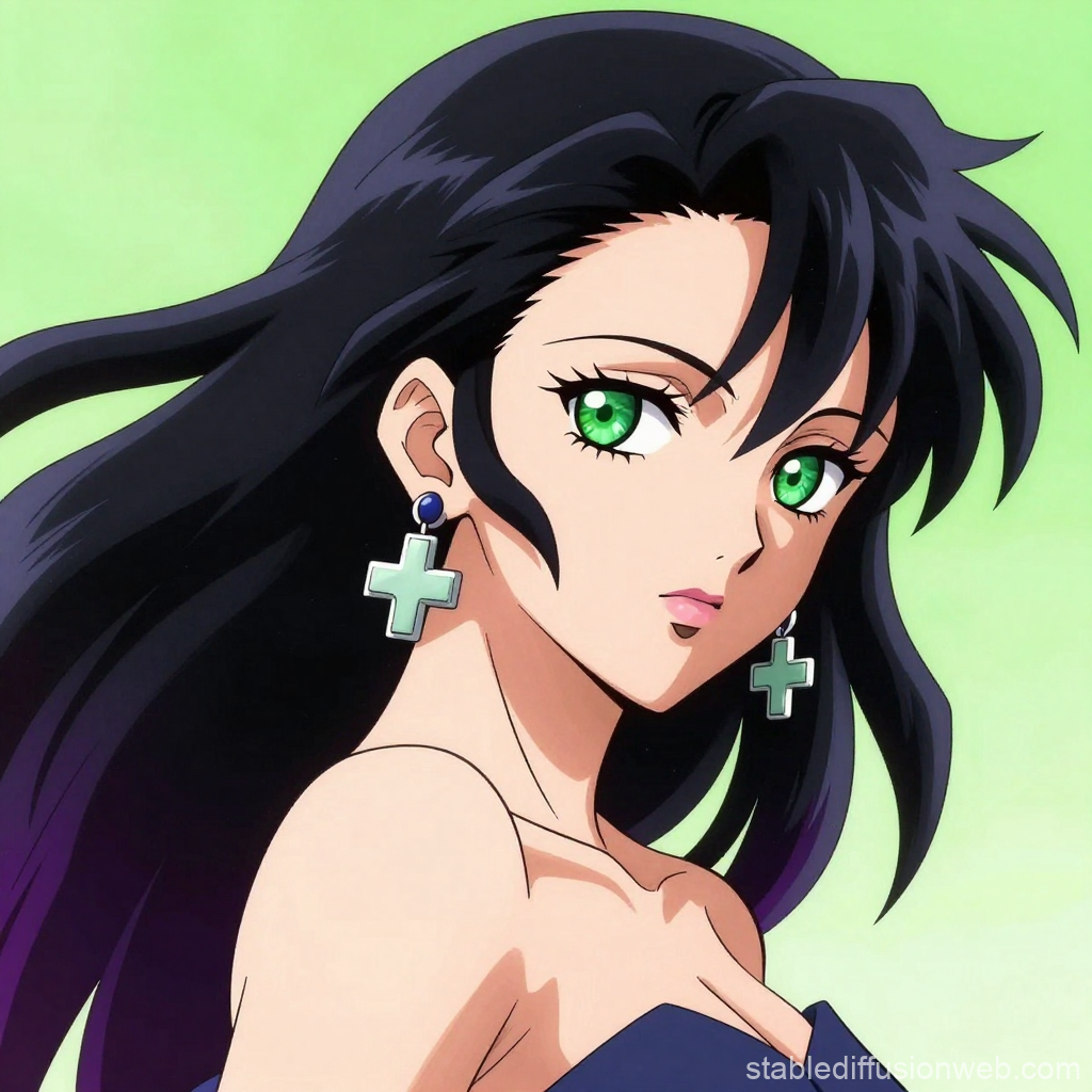 Anime Woman with Striking Green Eyes and Cross Earrings