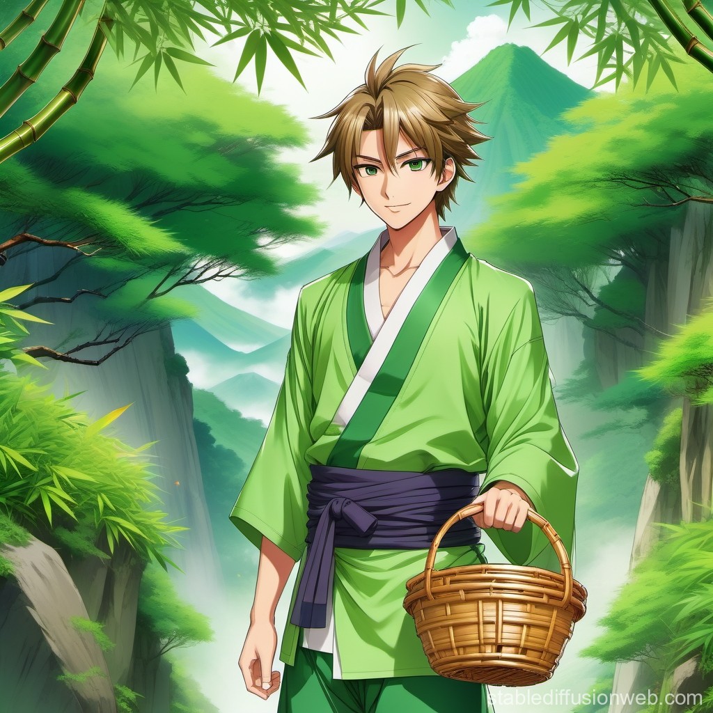 Anime Young Man in Green Kimono Holding Basket in Lush Forest