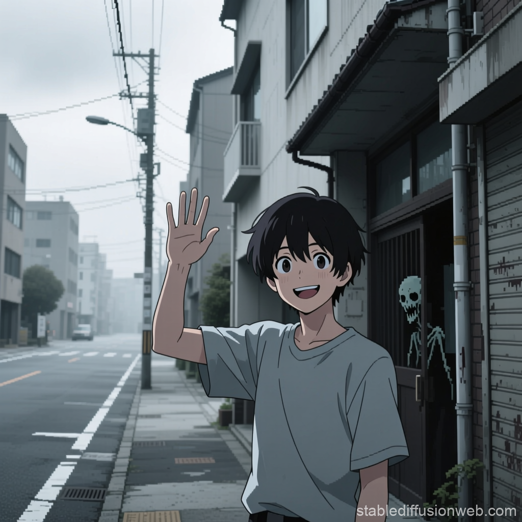 Anime Young Man Waving on Quiet Urban Street