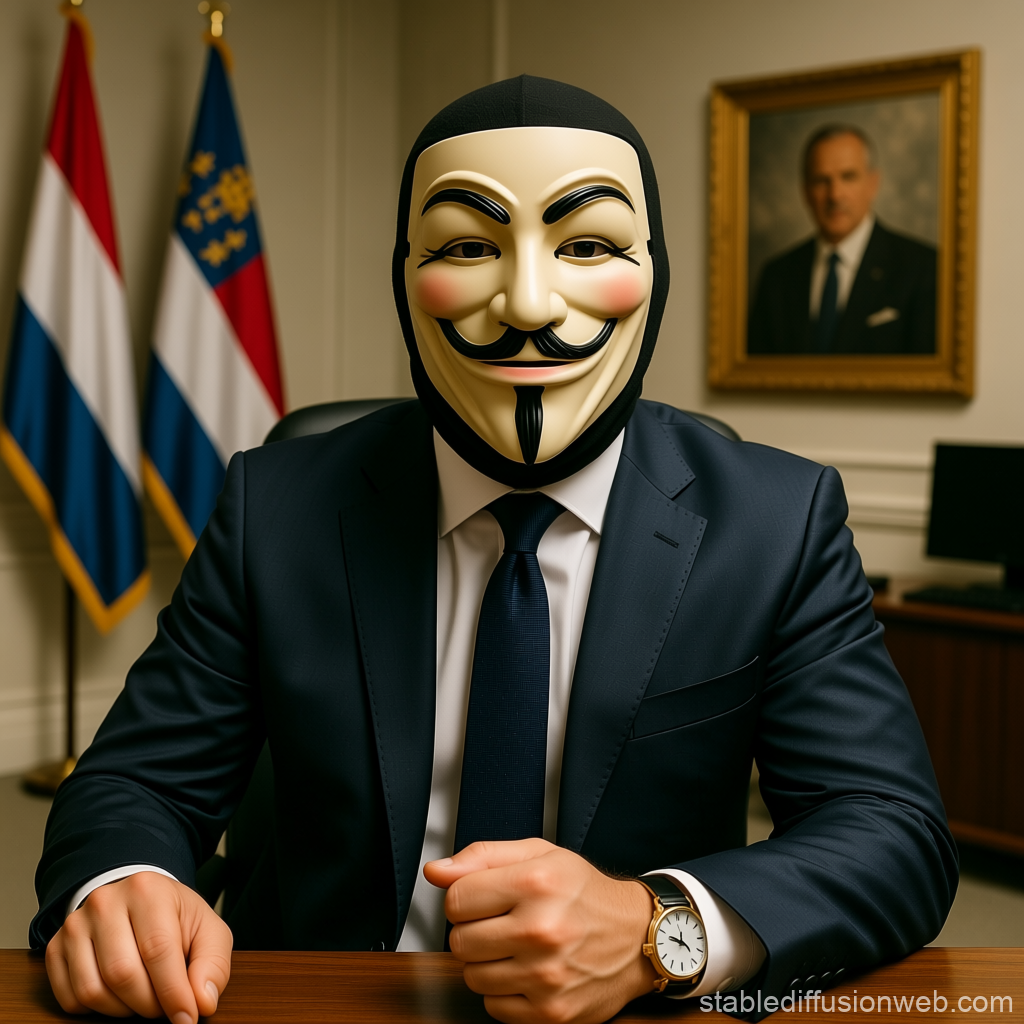 Anonymous Businessman Wearing Guy Fawkes Mask in Office