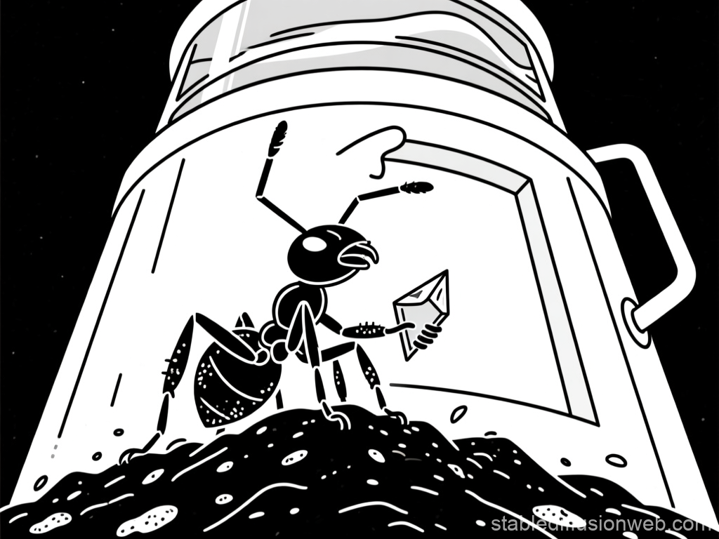 Ant Holding a Crystal in Front of a Giant Container