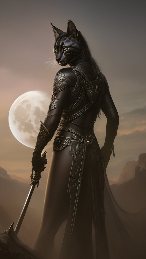 Anthropomorphic Cat Warrior Under Full Moon