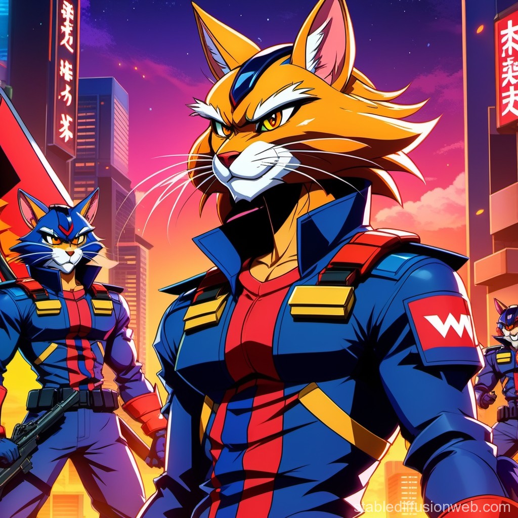 Anthropomorphic Cat Warriors in Futuristic Cityscape
