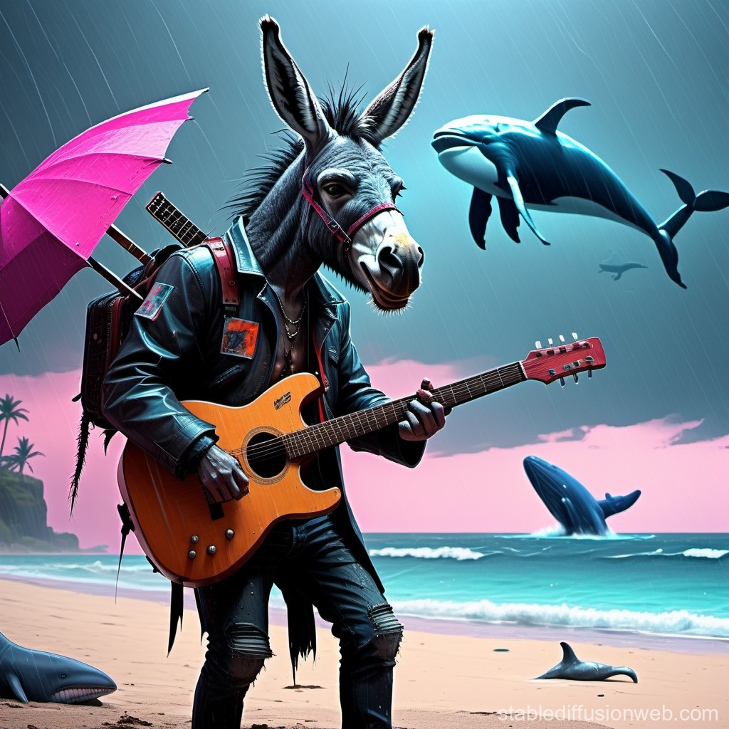 Anthropomorphic Donkey Playing Guitar on Rainy Beach with Whales