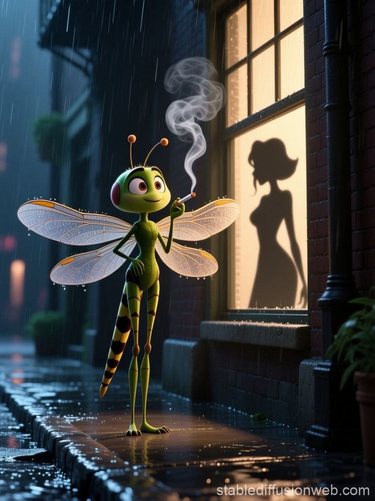 Anthropomorphic Dragonfly Smoking on Rainy City Street