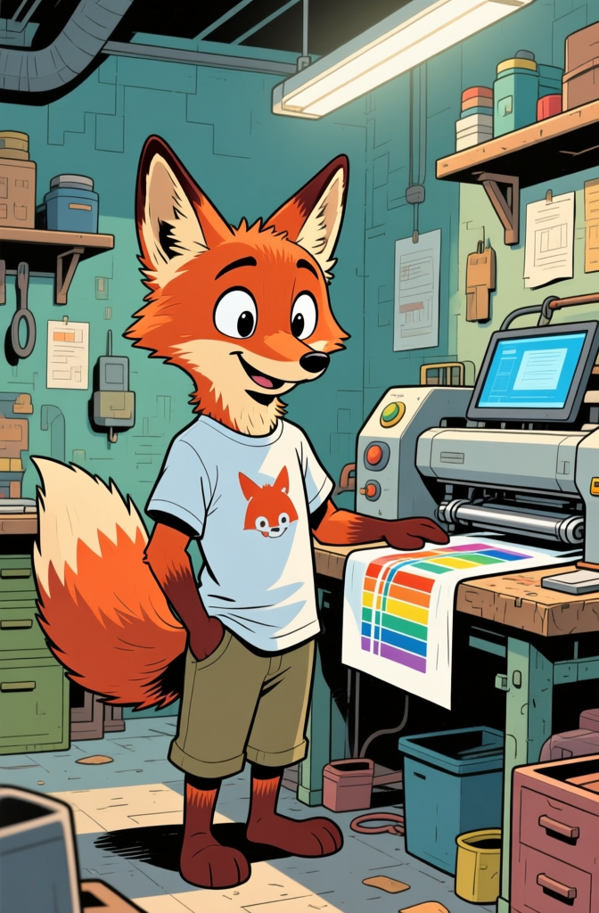 Anthropomorphic Fox Designing T-Shirt in Workshop
