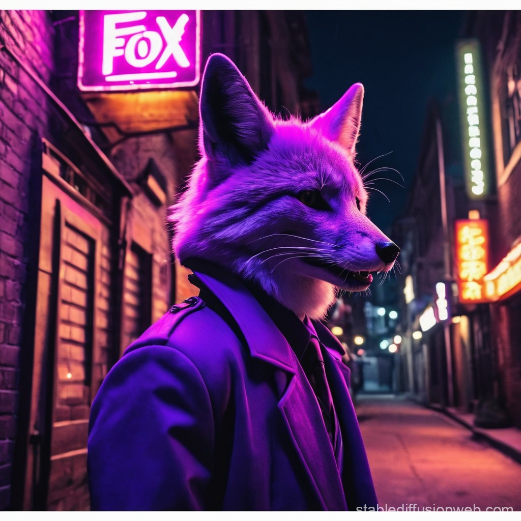 Anthropomorphic Fox in Neon-Lit Urban Night Scene