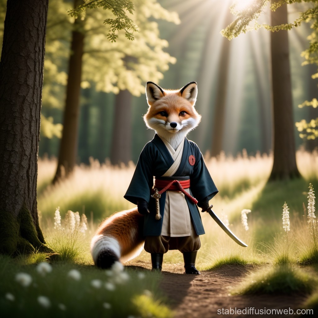 Anthropomorphic Fox Samurai in a Sunlit Forest