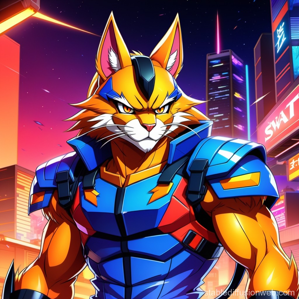Anthropomorphic Fox Warrior in Futuristic Cityscape