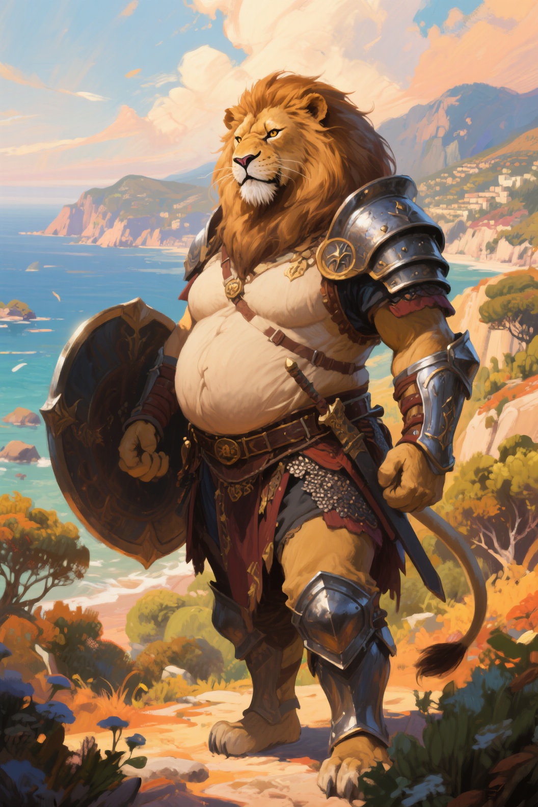Anthropomorphic Lion Warrior in Armor by the Coast