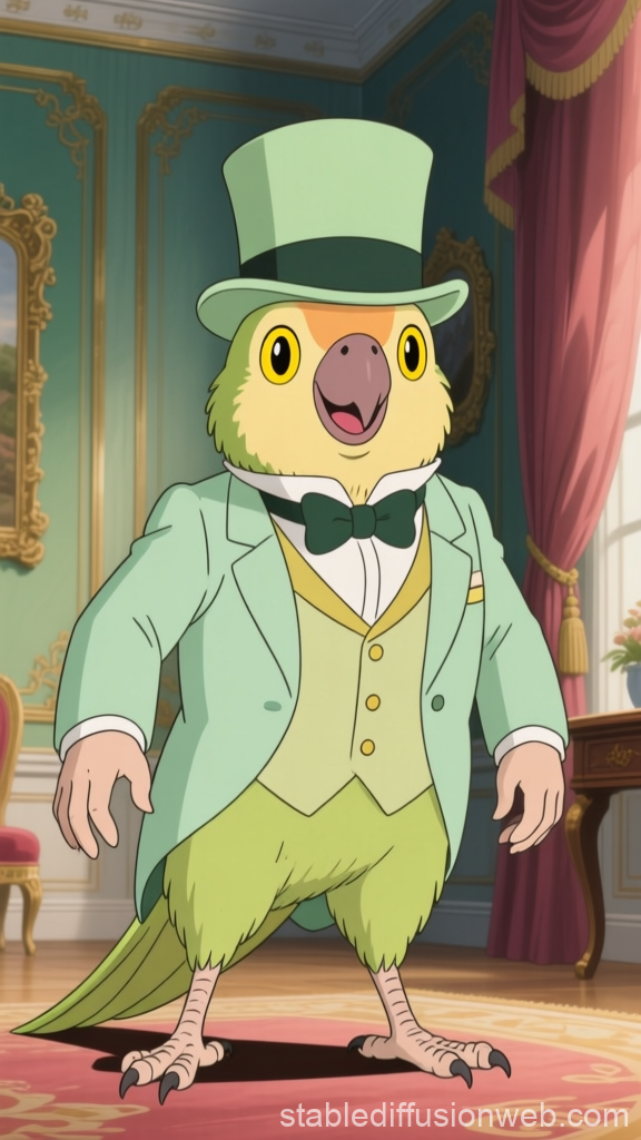 Anthropomorphic Parakeet in Elegant Suit and Top Hat