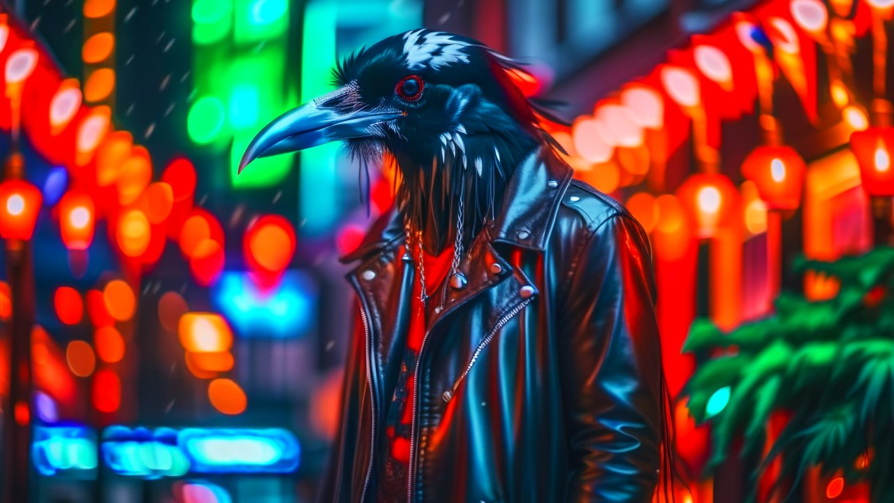 Anthropomorphic Raven in Neon Cityscape
