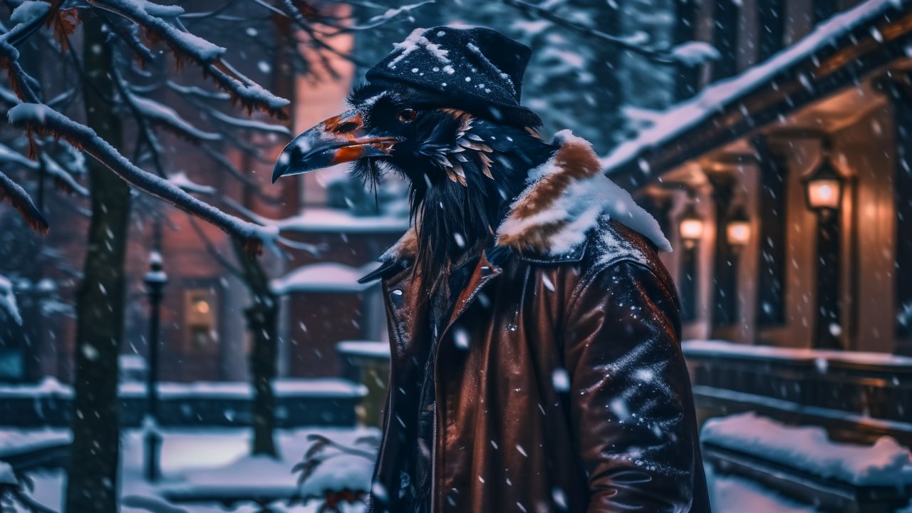 Anthropomorphic Raven in Winter Coat Amid Snowy Urban Night