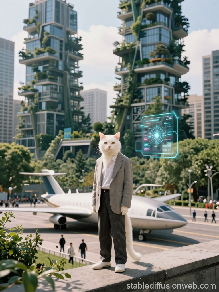 Anthropomorphic White Cat in Business Suit with Futuristic Cityscape