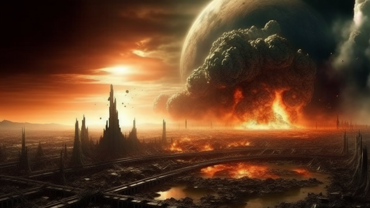 Apocalyptic Alien Landscape with Fiery Explosion