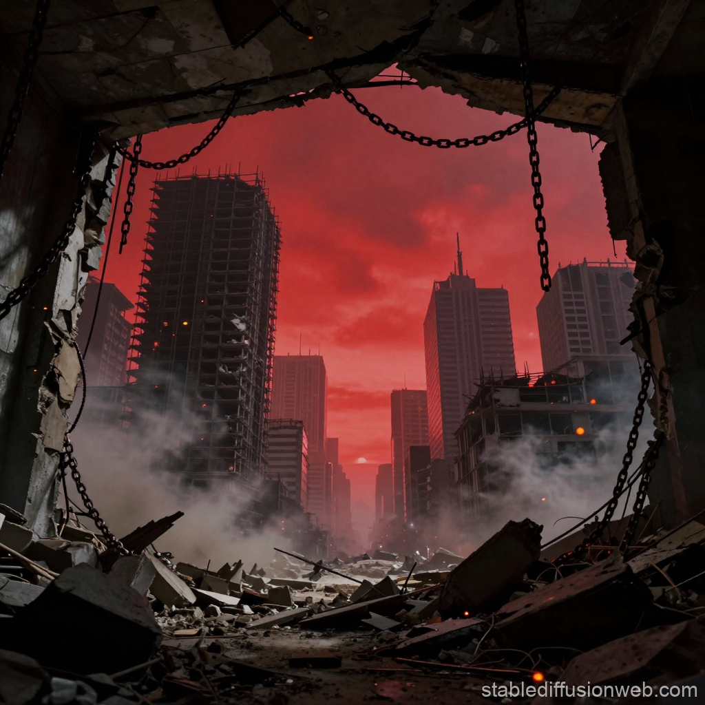 Apocalyptic City Ruins at Red Sunset