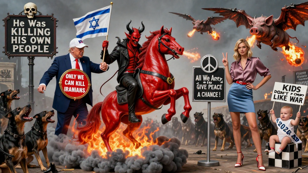 Apocalyptic Political Satire with Fiery Demonic Rider and Protesters