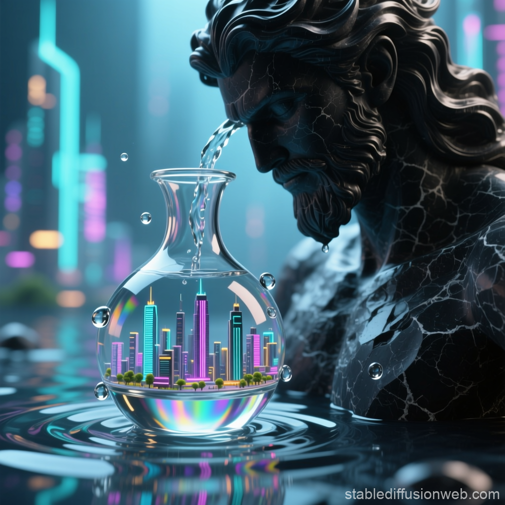 Aquarius Stone Figure Pouring Water into Neon Cityscape