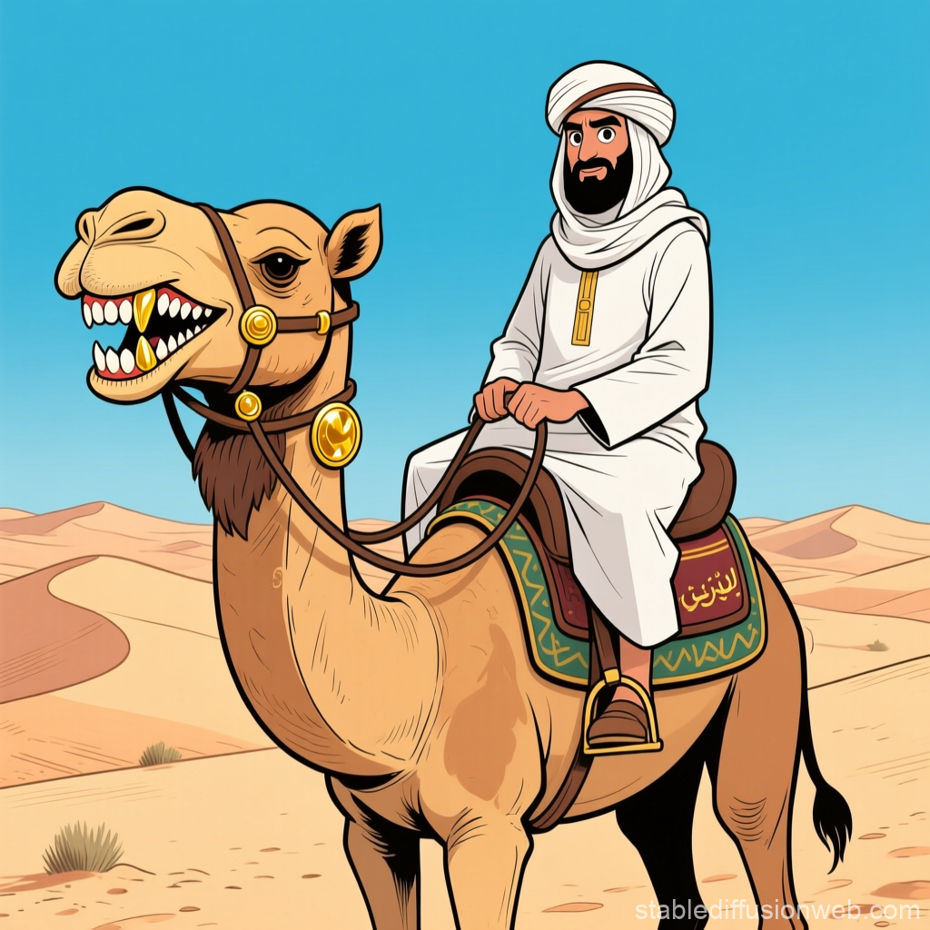 Arab Sheikh Riding a Camel in Desert Cartoon