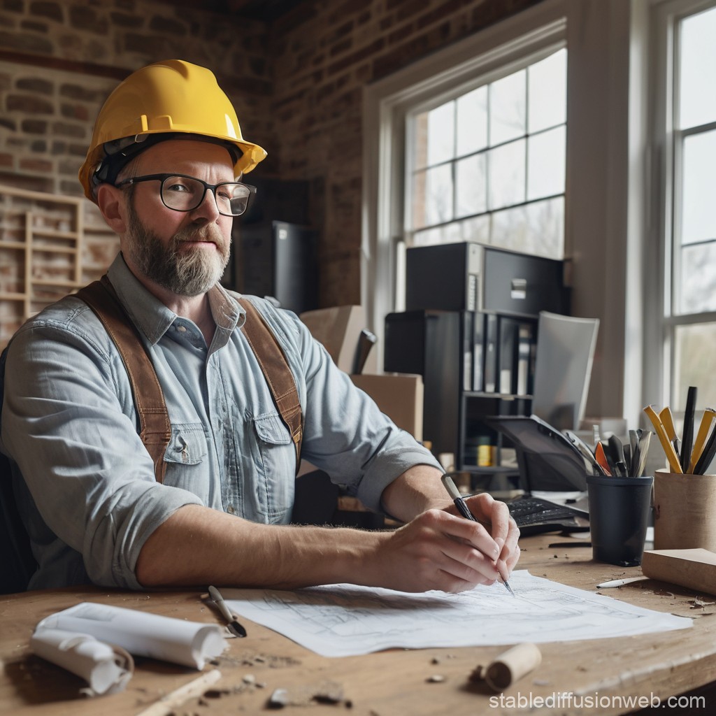 Architect at Work in Rustic Office with Blueprints
