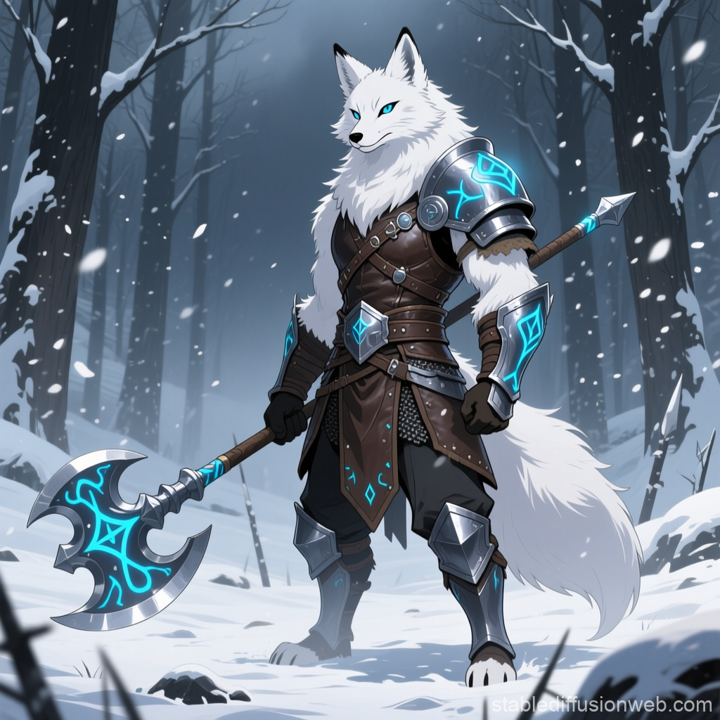 Arctic Fox Warrior in Enchanted Snowy Forest