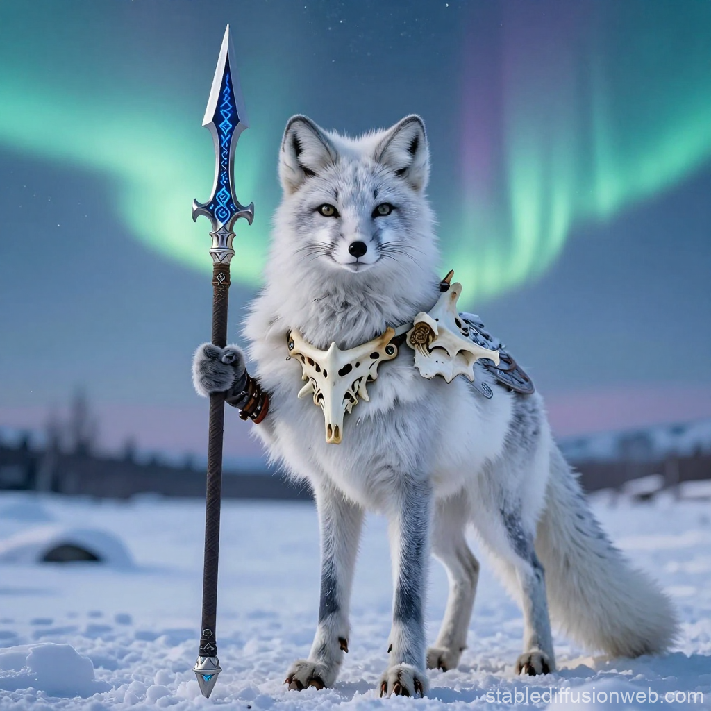 Arctic Fox Warrior with Spear under Northern Lights