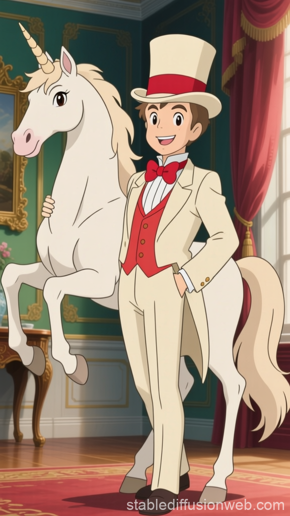 Aristocratic Young Man with Unicorn in Ghibli Style