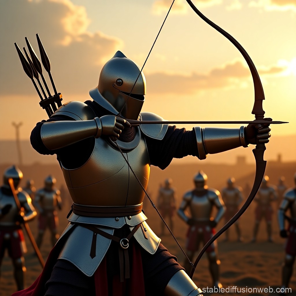 Armored Archer Ready to Shoot at Sunset