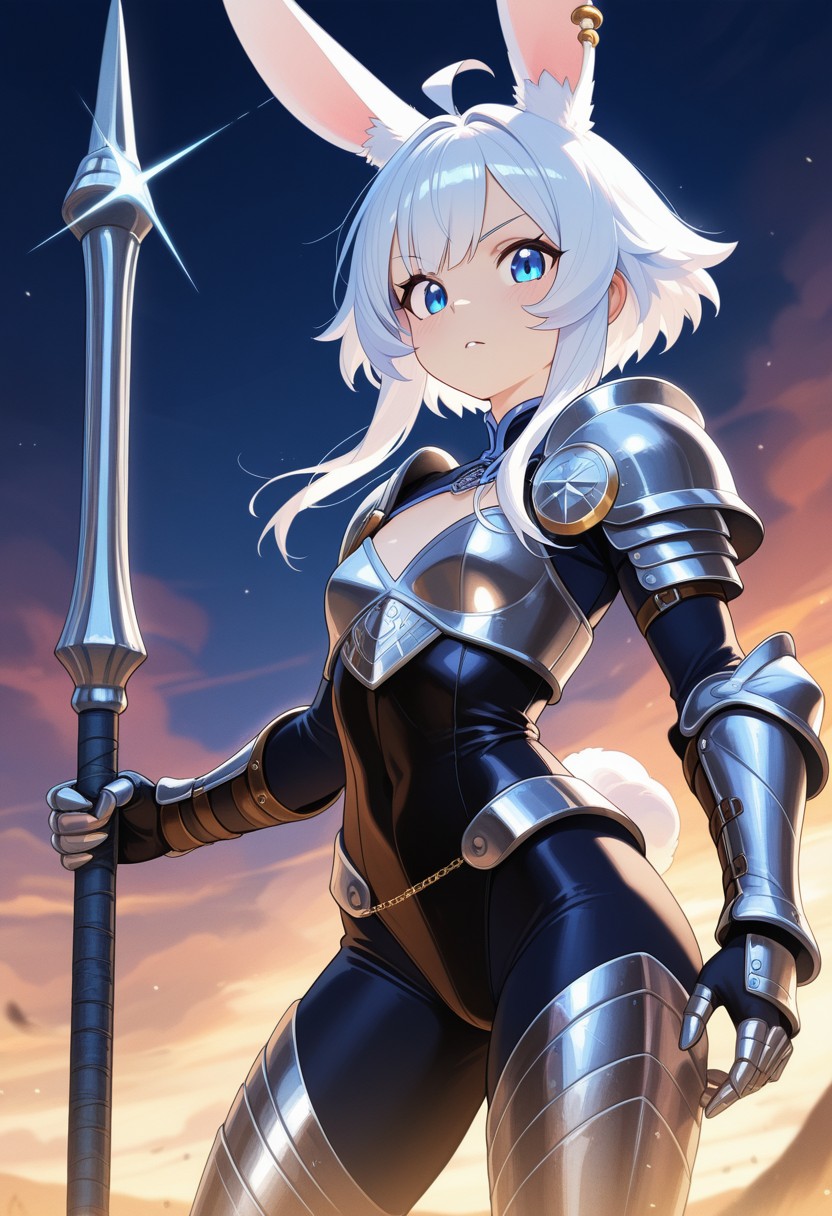 Armored Bunny Warrior with Spear at Sunset