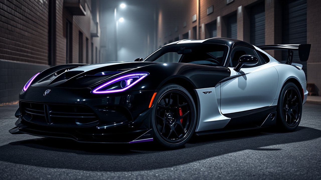 Armored Dodge Viper with Neon Headlights in Urban Night Setting