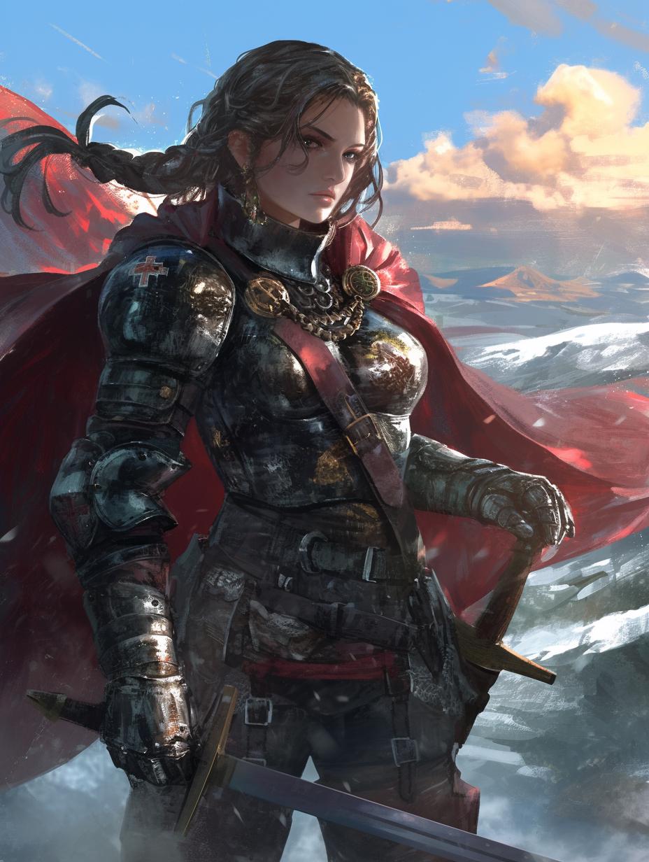 Armored Female Warrior with Red Cape in Snowy Landscape