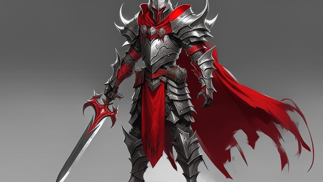 Armored Knight in Silver and Red with Tattered Cape