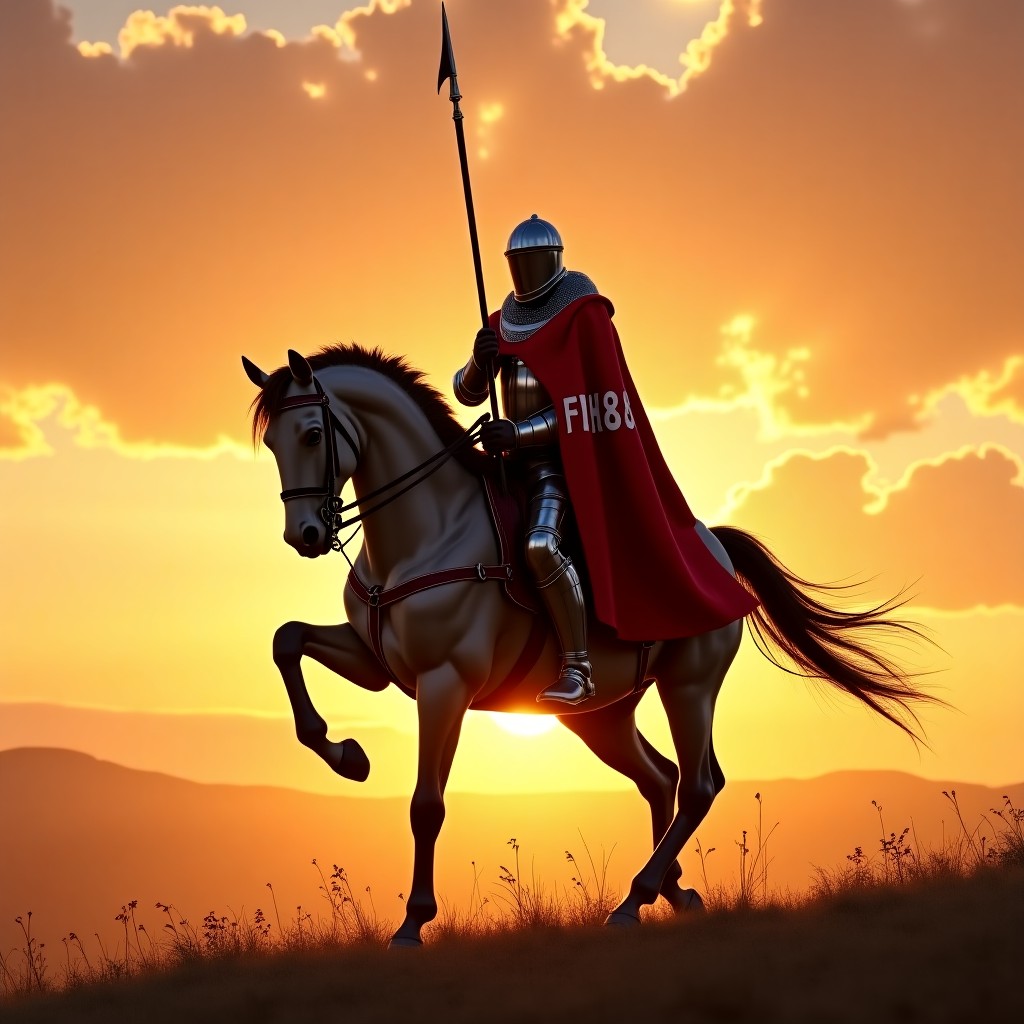 Armored Knight on Horseback at Sunset