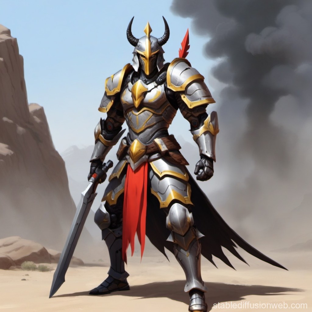 Armored Knight with Horned Helmet in Desert Battle