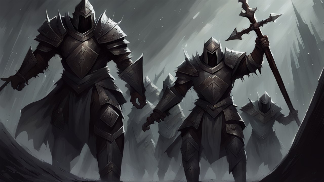Armored Knights Advancing in a Dark Misty Forest