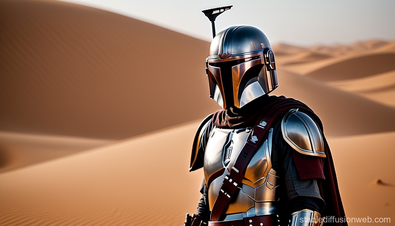 Armored Mandalorian in Desert Landscape