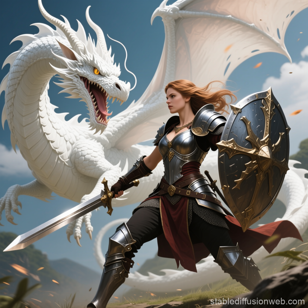 Armored Paladin Facing a Majestic White Dragon