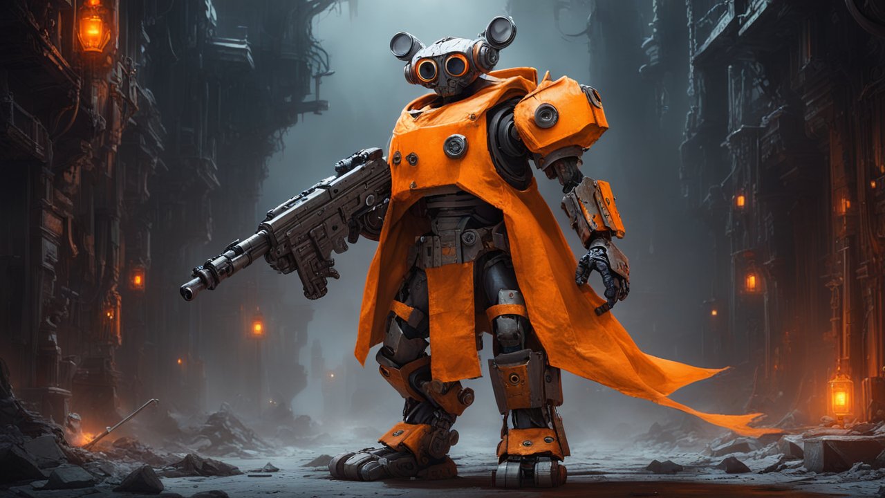 Armored Robot with Orange Cloak in Futuristic Ruins